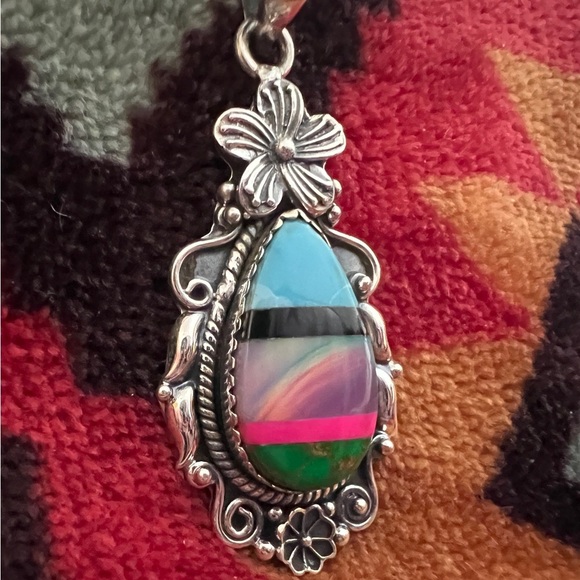 ❤️ Southwestern Stunning Aurora Opal Multi-Stone Inlay 925 Pendant 7.29gm - Picture 5 of 11